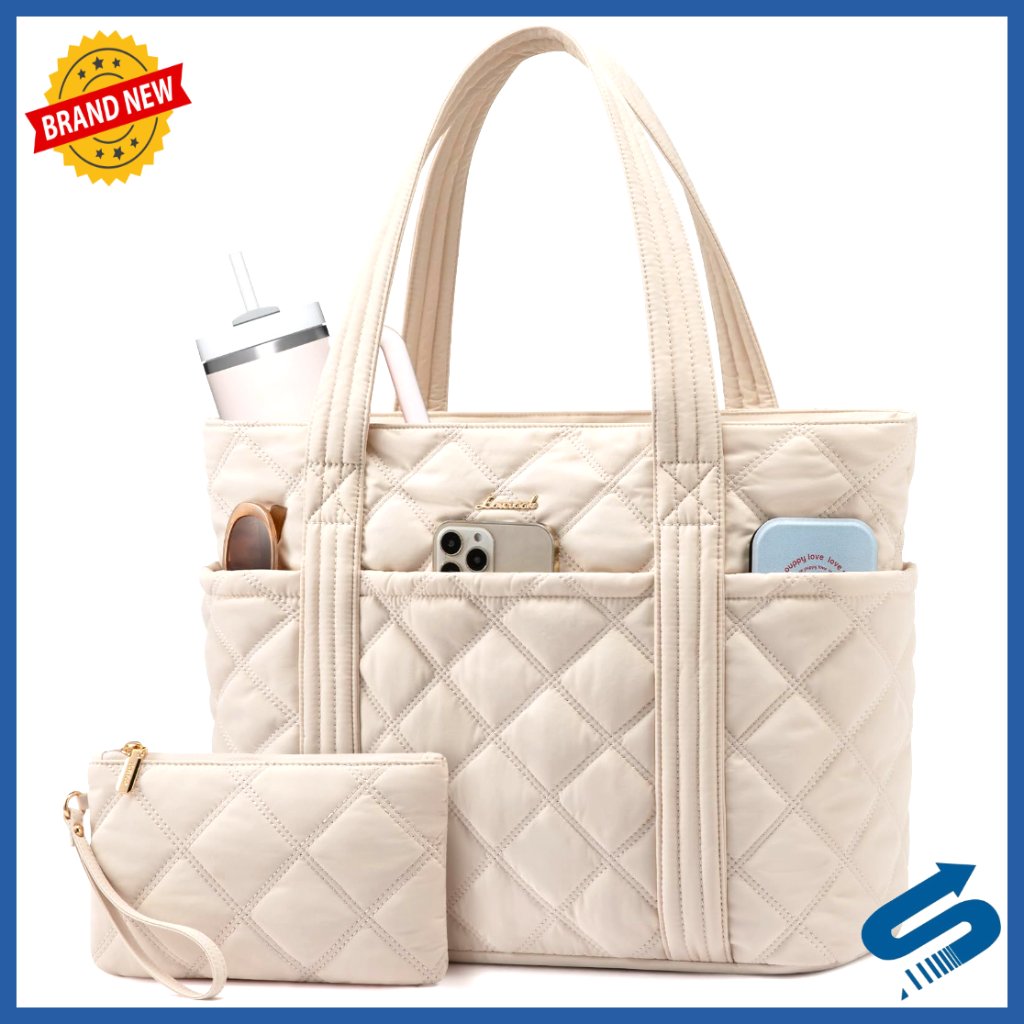 Puffer Tote Bag With 27l Capacity, 11 Pockets, Laptop Compartment, Water Bottle